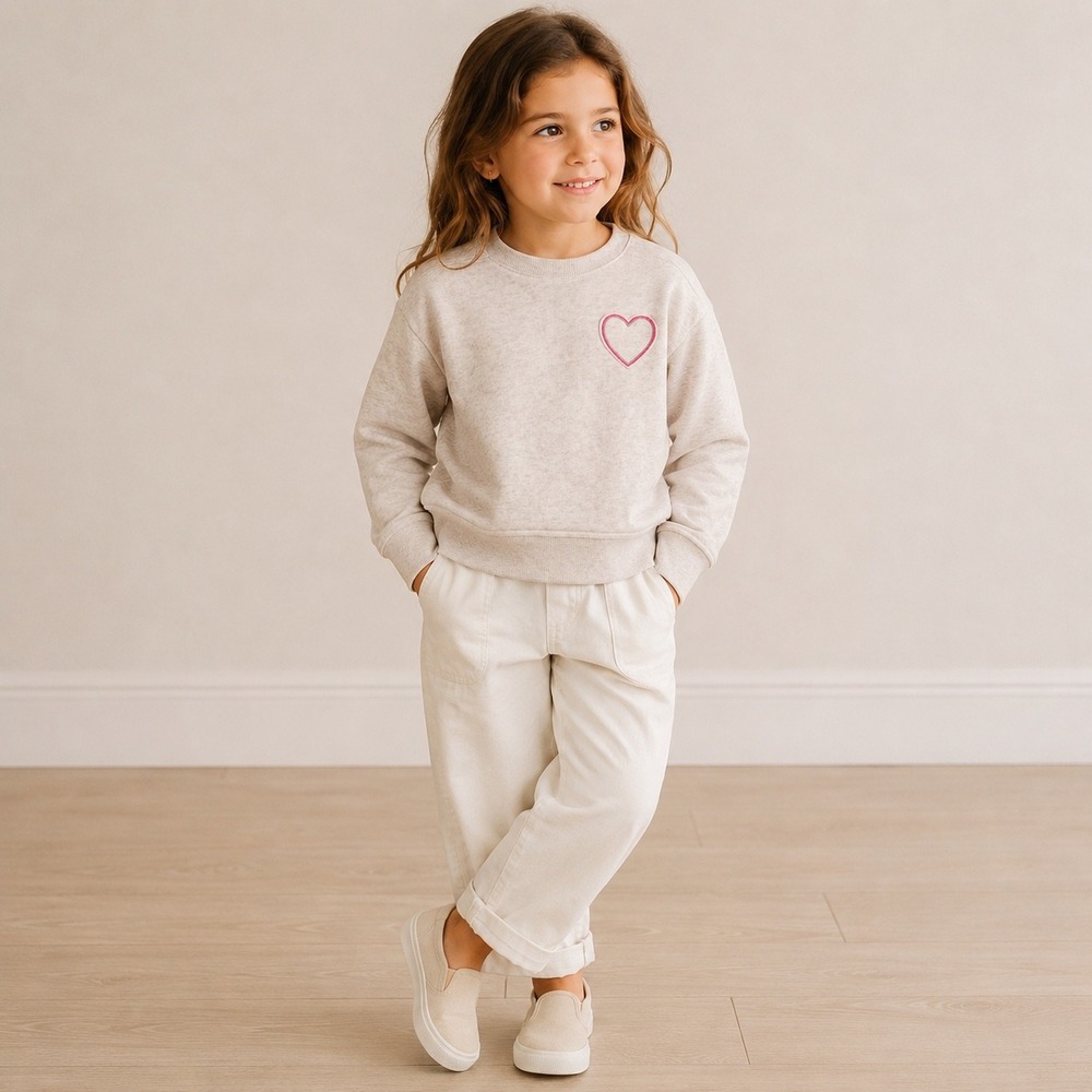 Cat & Jack Kids Oatmeal Heather Heart Embroidered Pullover Sweatshirt S 6/7 NEW
